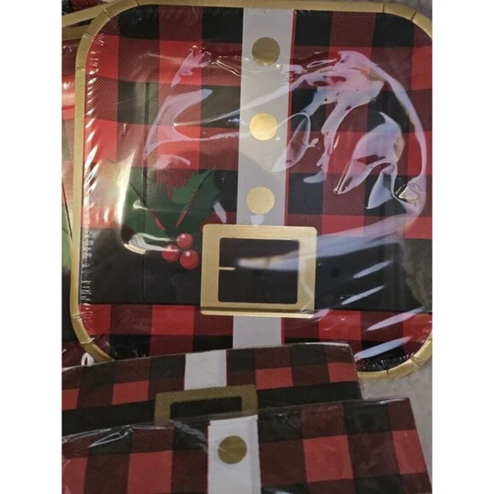 Christmas Santa Belt Party 5 pkgs Napkins & 5 pkgs Plates Set NEW Sealed Plaided